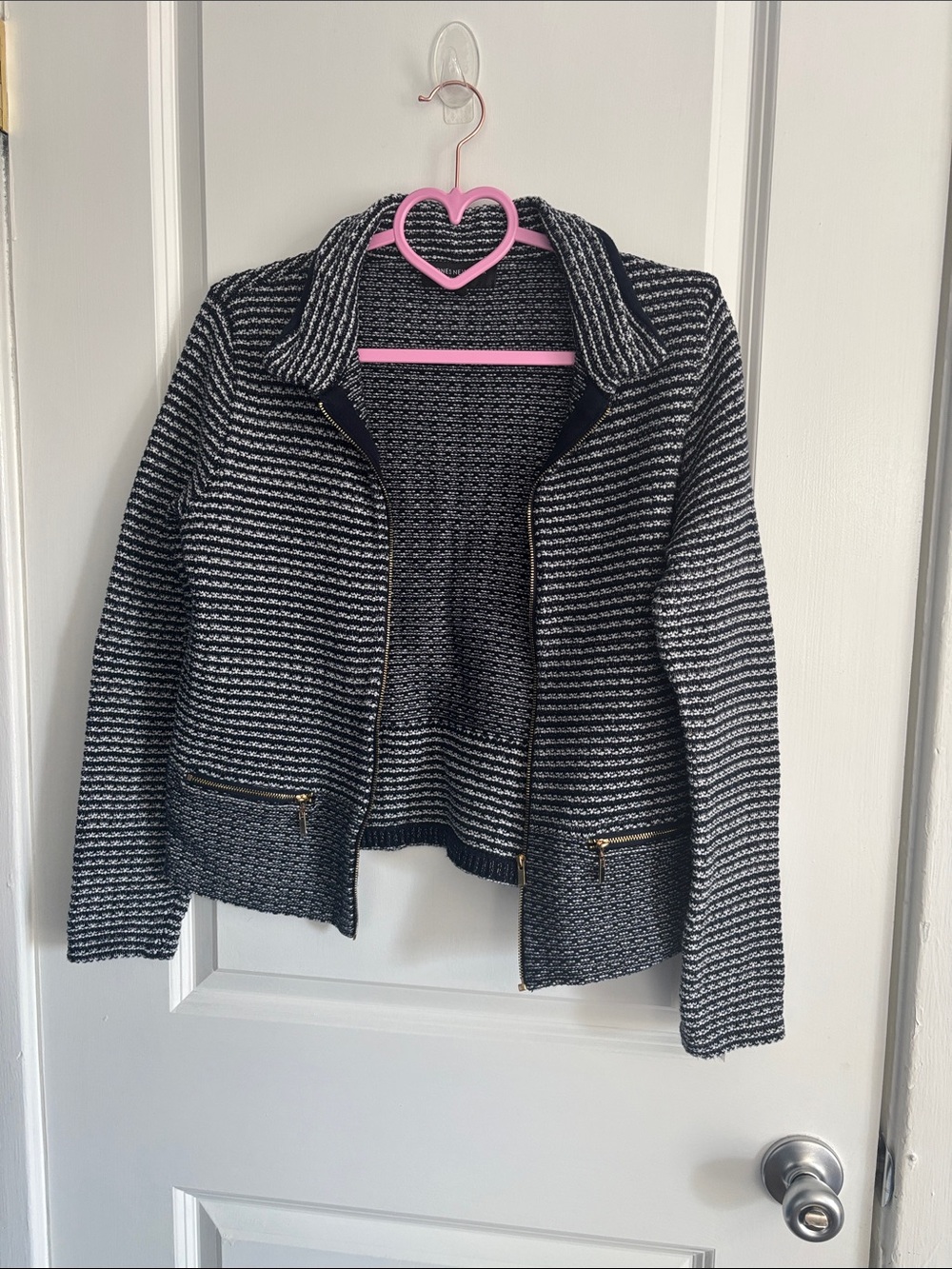 Jones New York Black & White Striped Zip Blazer